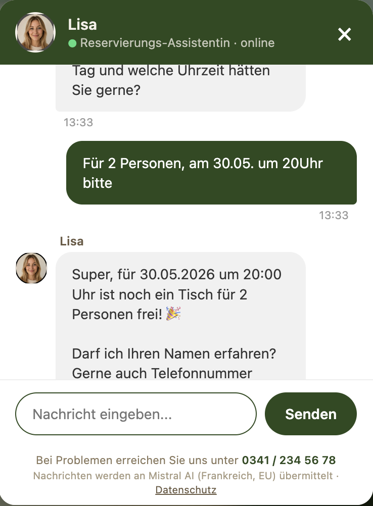 Beispiel-Konversation: Reservierungs-Assistentin Anna nimmt eine Tischreservierung über den Chat entgegen